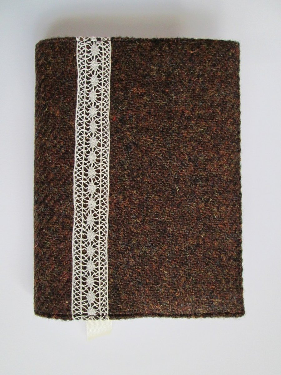 A6 'Harris Tweed' Reusable Notebook Cover - Rich Brown with Vintage Lace