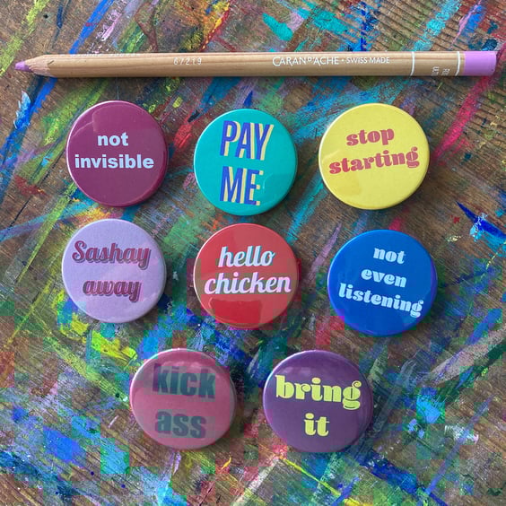 Fun quirky word badges by Jo Brown choose 1 from various designs