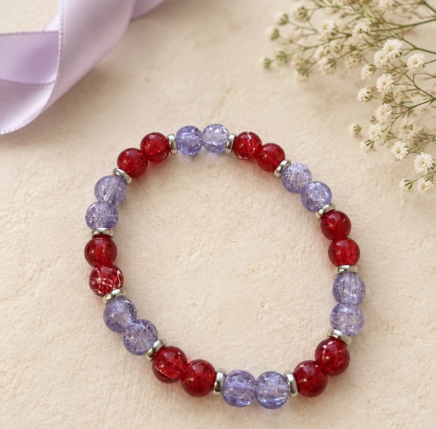 Red and Lilac Crackle-Effect Beaded Bracelet – Handmade Stretch Jewellery