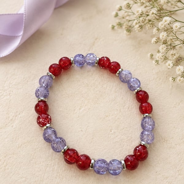 Red and Lilac Crackle-Effect Beaded Bracelet – Handmade Stretch Jewellery