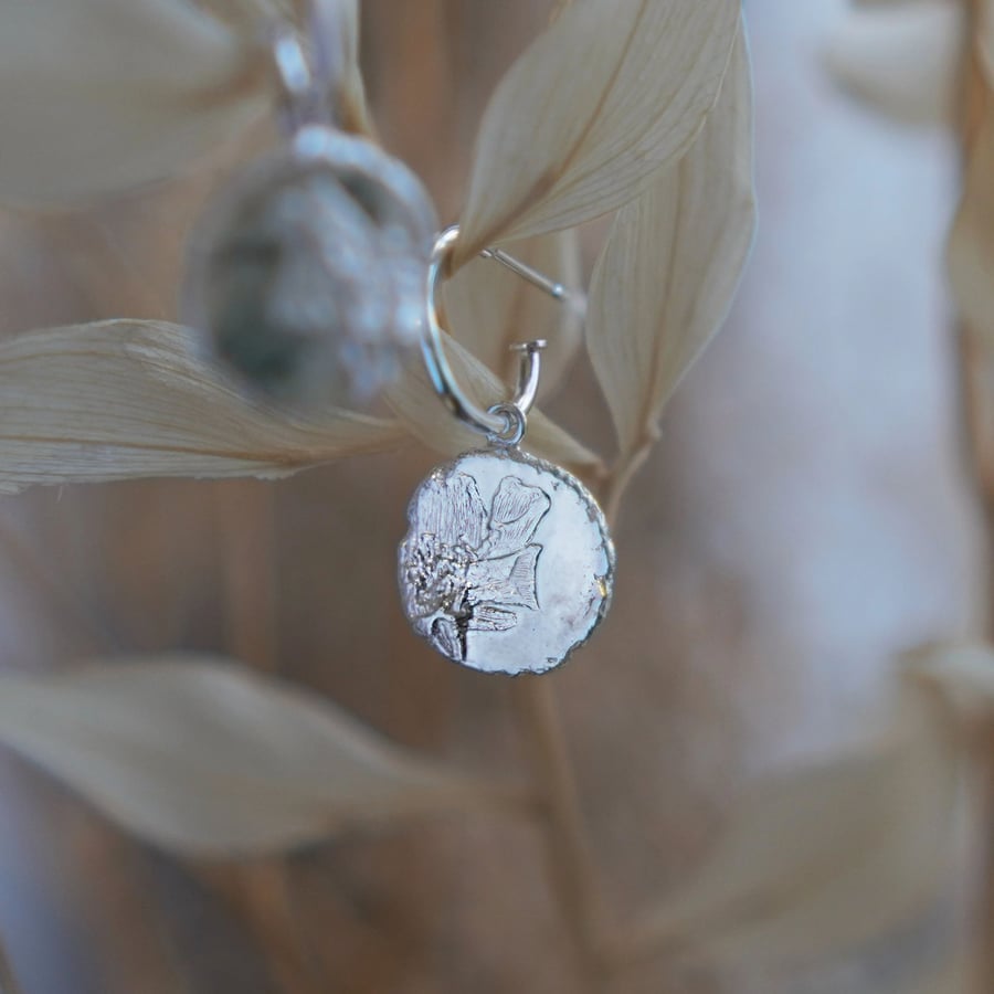 Cherry Blossom Drop Earrings, Sterling Silver, Flower Fossil Coin Pendant