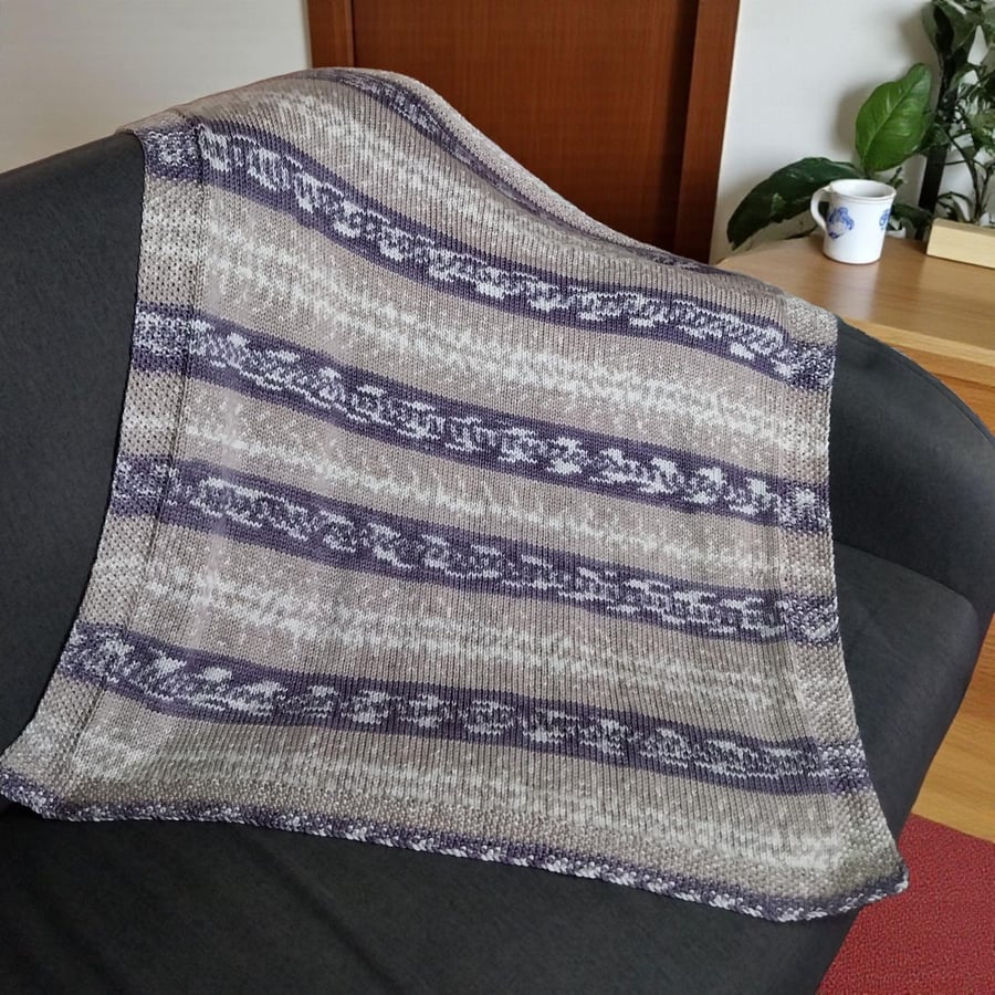 Hand Knitted Baby Blanket, Neutral Brown & Cream Fair Isle, Unisex Newborn Gift