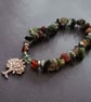 Handmade elasticated bead and moss agate bracelet with silver tree of life charm - Image 2
