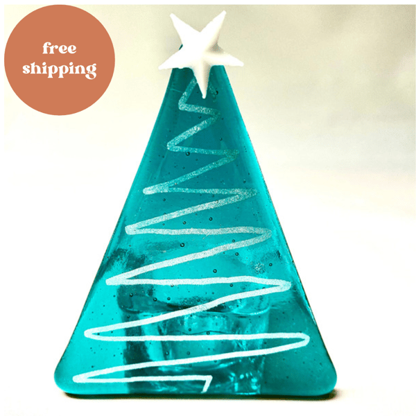 Peacok Blue Fused Glass Christmas Tree Candle Holder