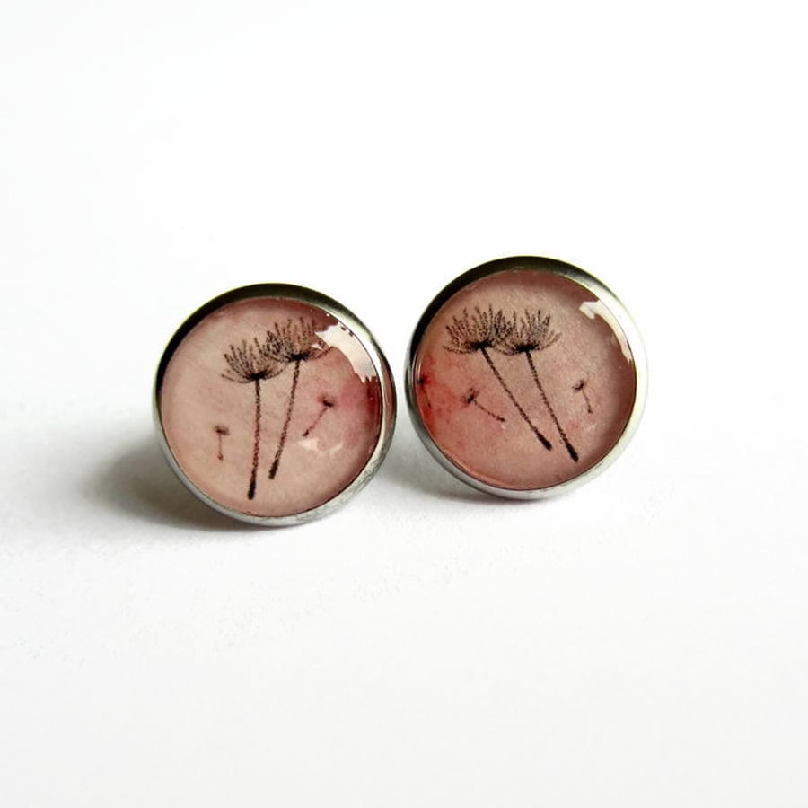 Pink Dandelion Resin Stud Earrings - Hypoallergenic