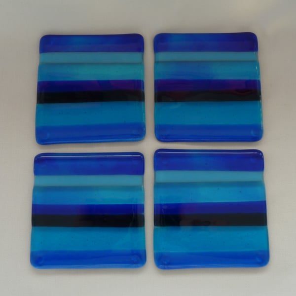 Set of 4 blue stripe fused glass coasters