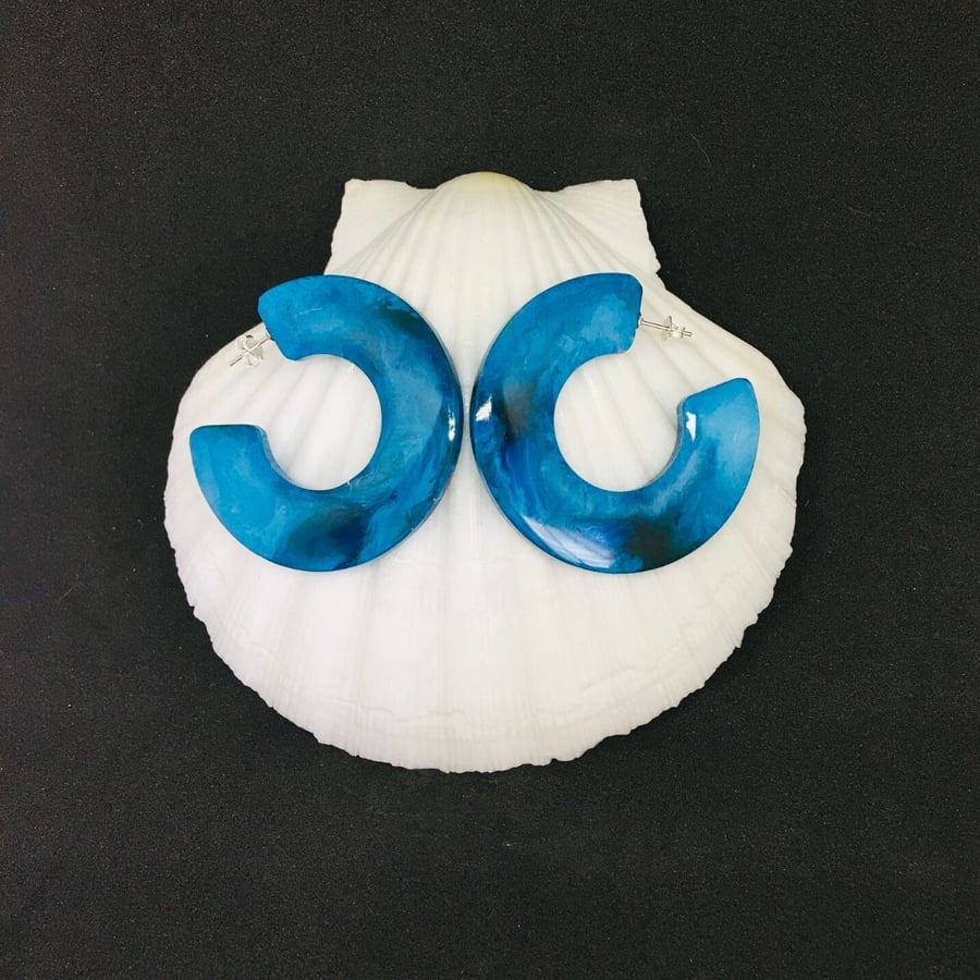 Sale, Turquoise blue-green semi circle hoop statement earrings.