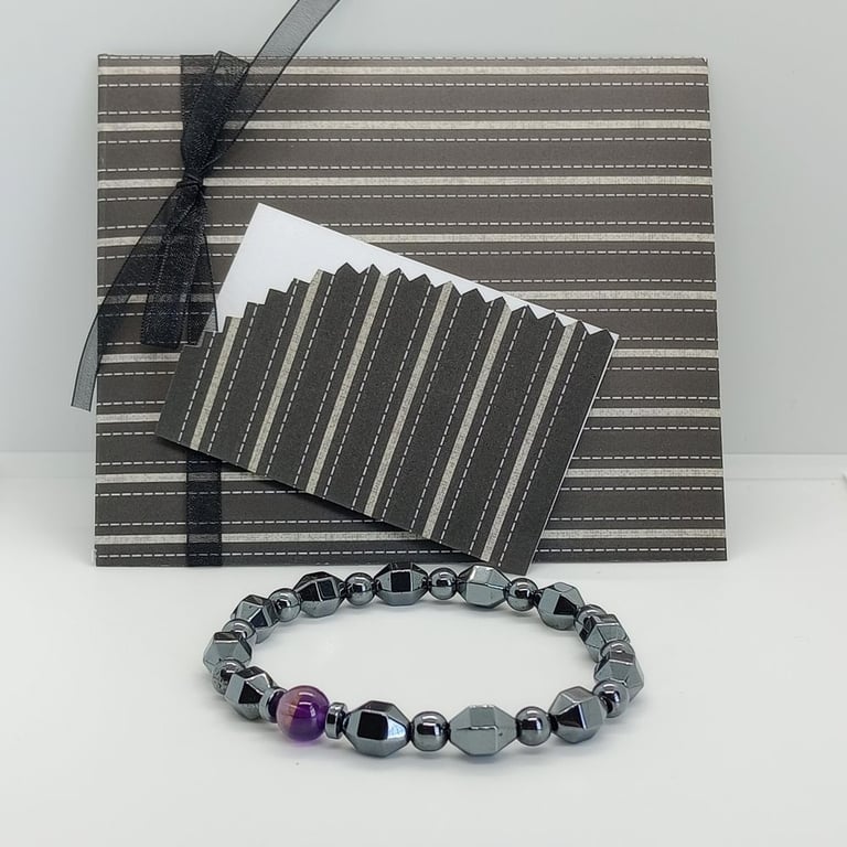 Amethyst focal Hematite stretch bracelet gift for him