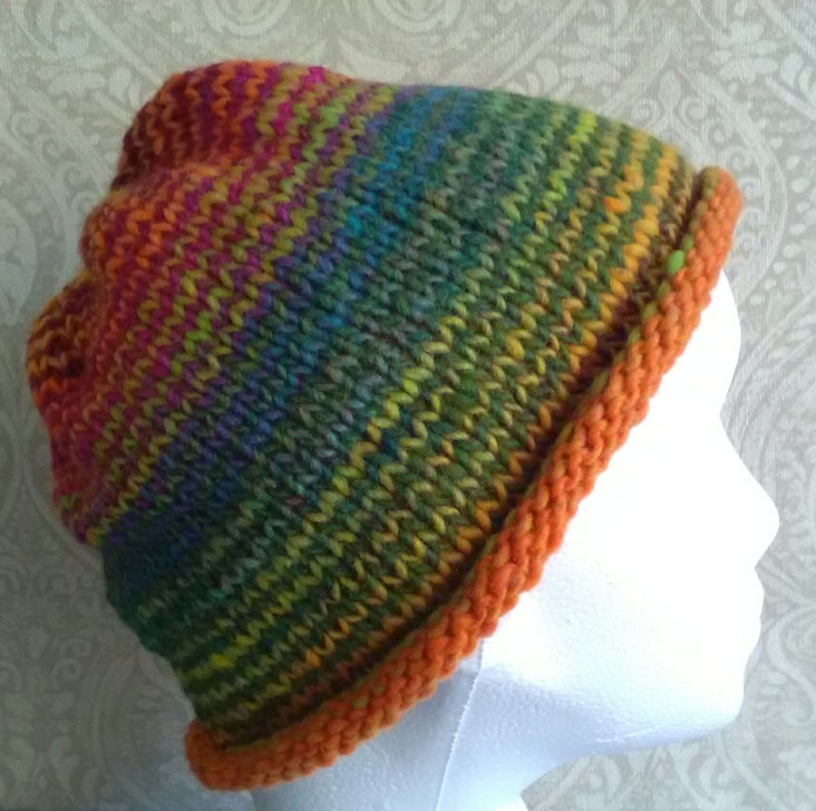 Handknit NORO Roll up Beanie Hat 100% wool Stripey Rainbow MED