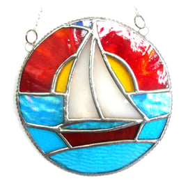 Sailboat Sunset Stained Glass Suncatcher Handmade Ring 020