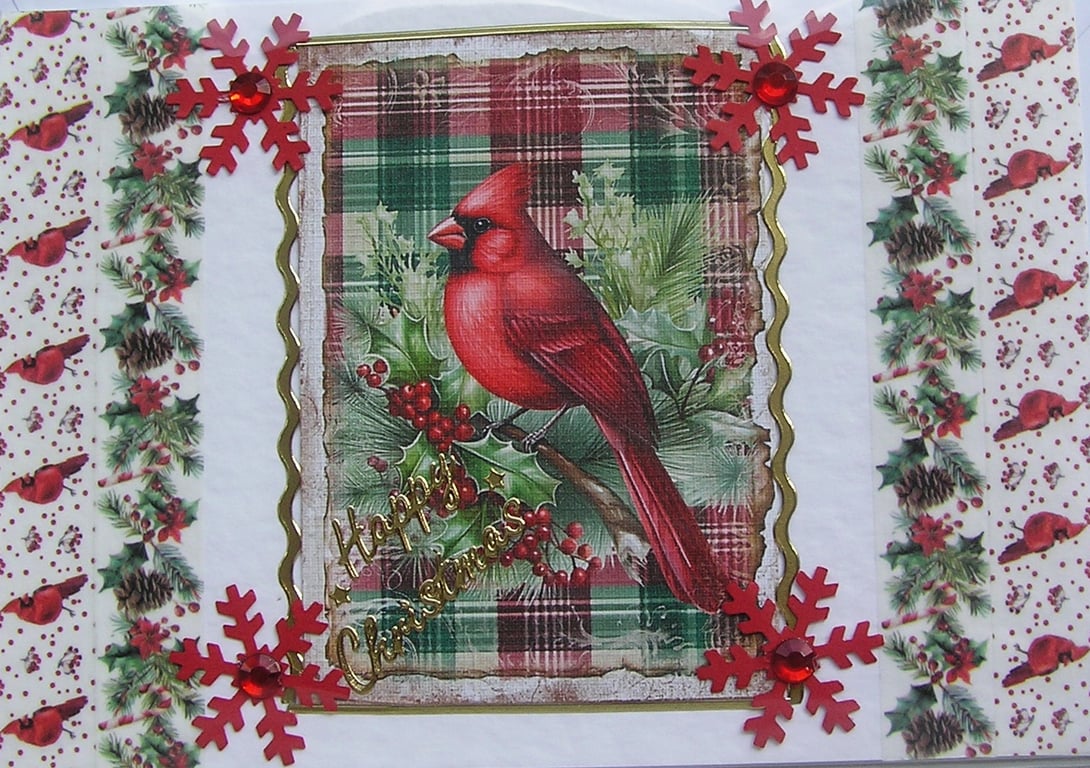 Hand Crafted Decoupage Chistmas Card - Happy Christmas (2961) Red Cardinal Bird