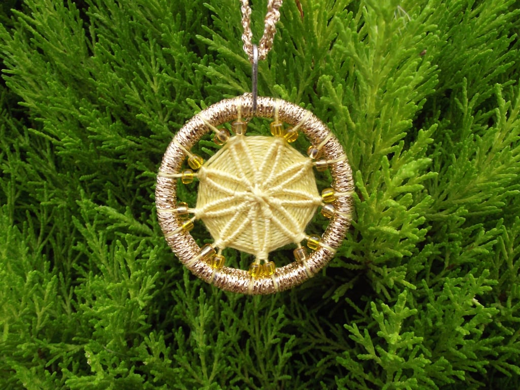 Christmas Decoration, Dorset Button, Yellow, Gold, Beads, Handmade