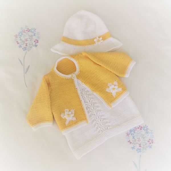 Baby Lace Dress, Cardigan and Sun Hat Knitting Pattern, Digital Pattern