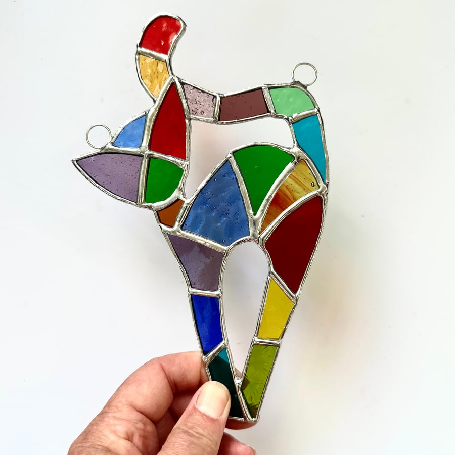 Stained Glass Patchwork Cat Suncatcher - Handmade Decoration - Multi
