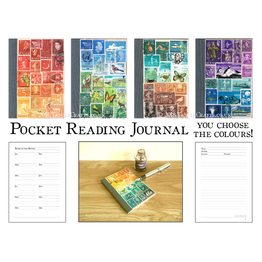 Upcycled Reading Journal - Pocket Book Log, Postage Stamp Collage
