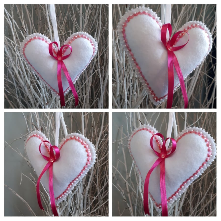 Heart hanger in white felt and pink sequins.  