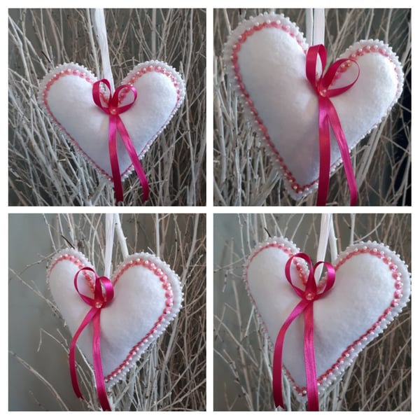 Heart hanger in white felt and pink sequins.  