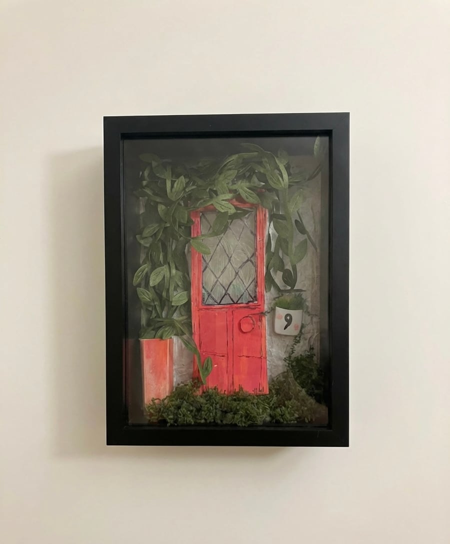 Hand Sculpted Light Up Fairy Door Shadow Box 3D Miniature Wall Art