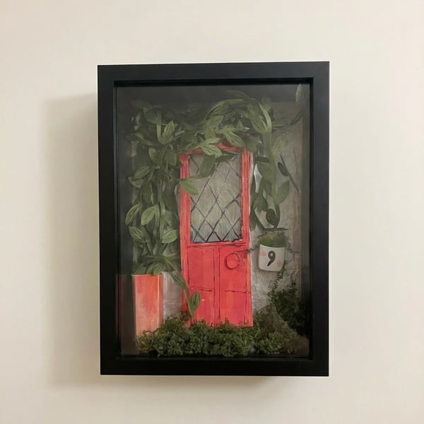 Hand Sculpted Light Up Fairy Door Shadow Box 3D Miniature Wall Art