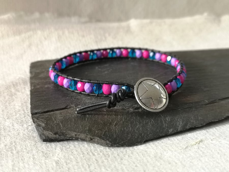 Bisexual pink, lilac and blue bead and black faux leather bracelet, LGBTQ, vegan