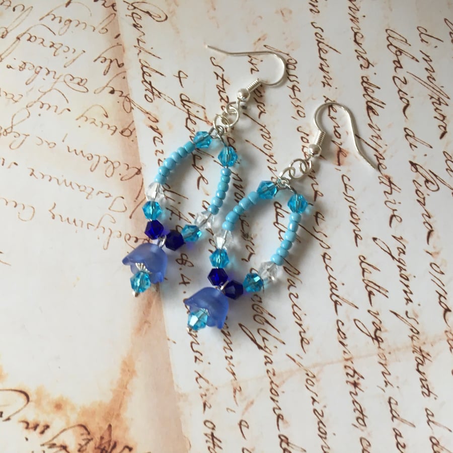Blue bell beaded flower silver plated dangle earrings 