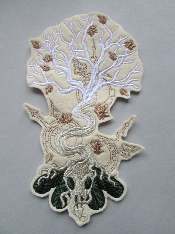 Steampunk Bird skull & tree  Embroidered Sew on Applique Patch