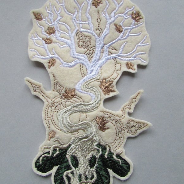 Steampunk Bird skull & tree  Embroidered Sew on Applique Patch