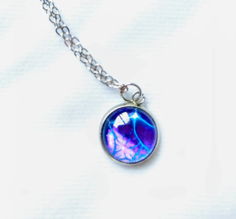 Purple and blue paint pour necklace pendant 