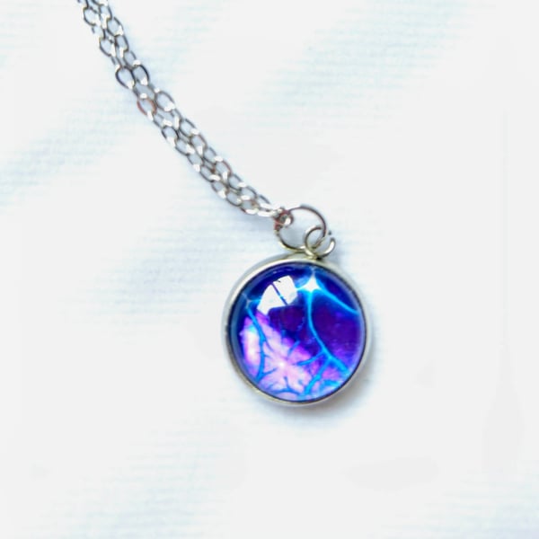 Purple and blue paint pour necklace pendant 
