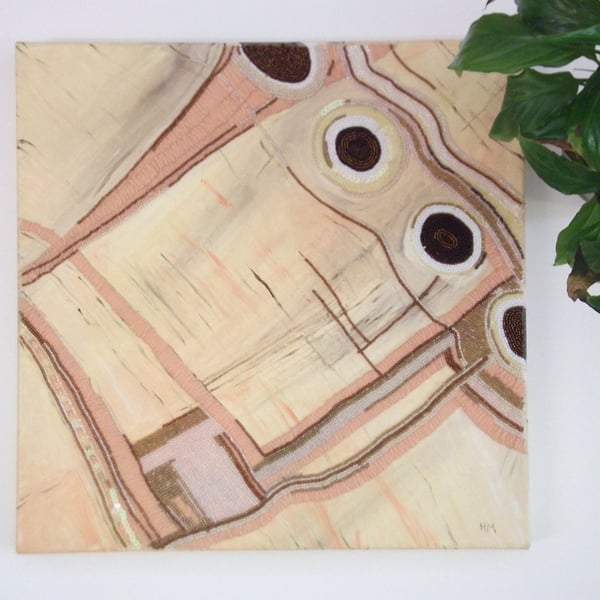 Abstract mixed media canvas painting with acrylic and embroidery