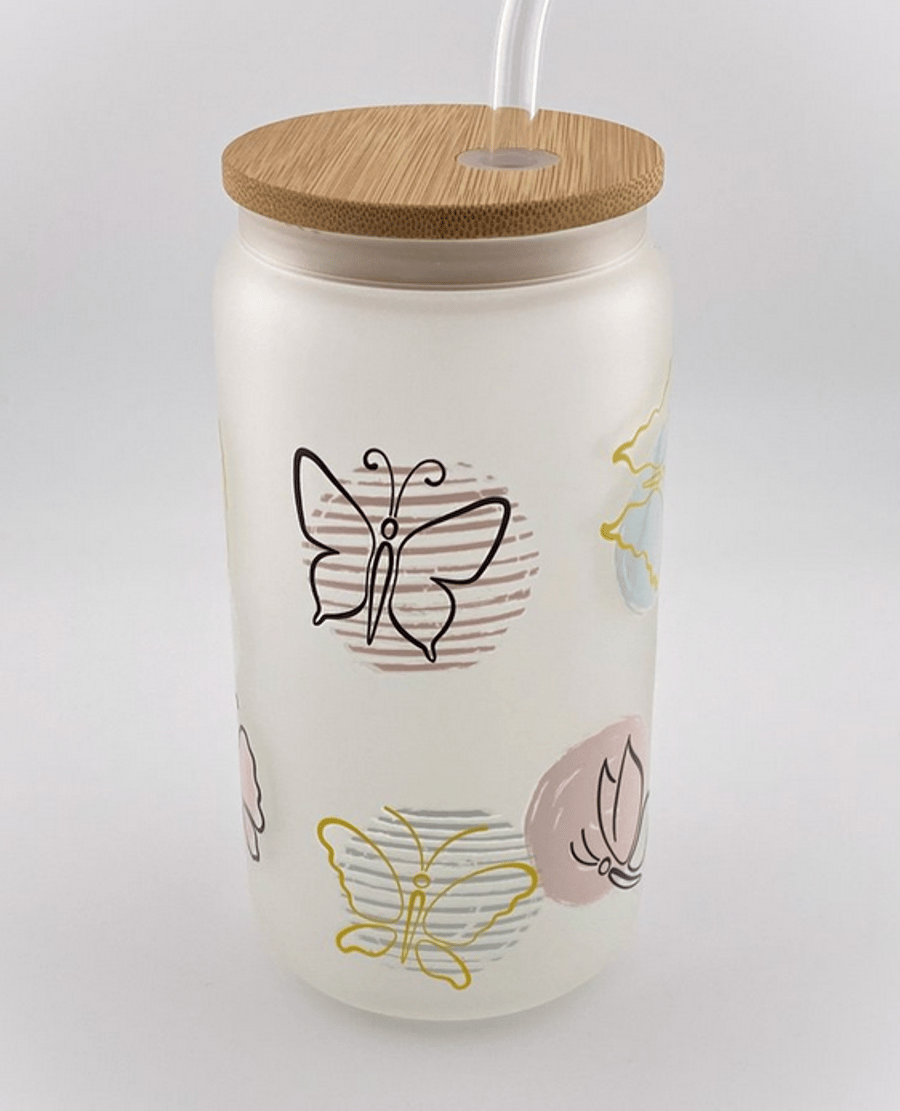Frosted Butterfly Glass Tumbler with Glass Straw