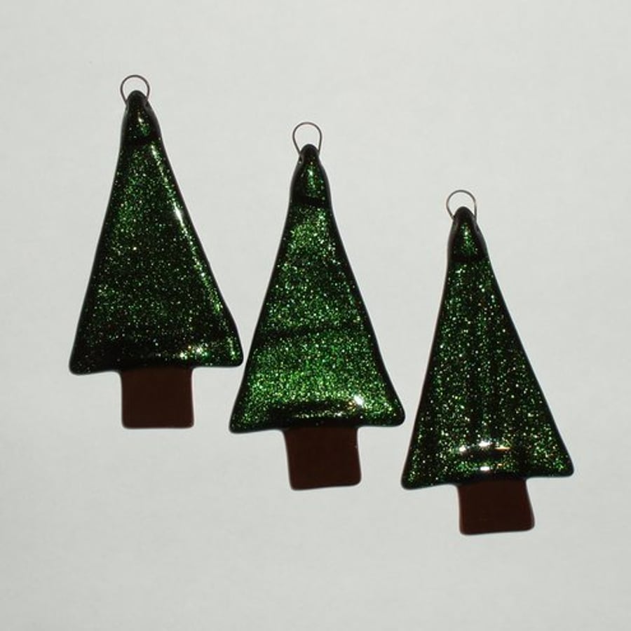 Christmas Tree Christmas Ornament - Green Sparkly Fused Glass - Set of 3