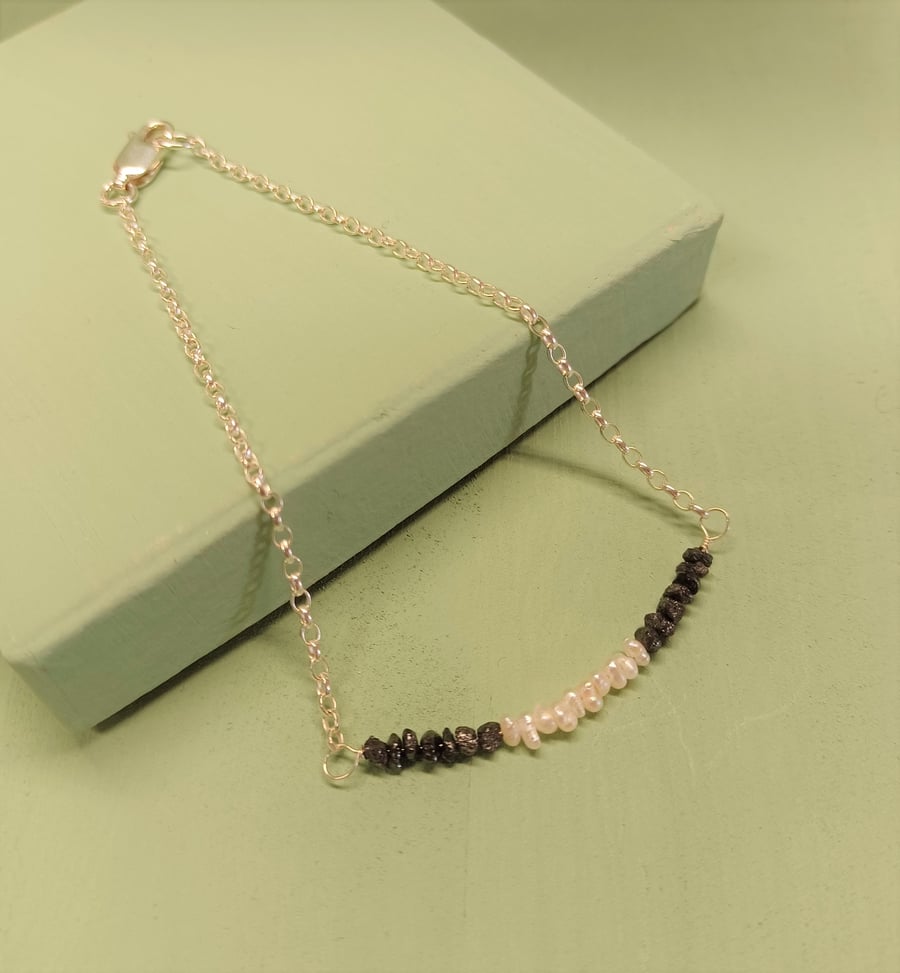 Black Rough Diamond and White Seed Pearl Gemstone Sterling Silver Bracelet