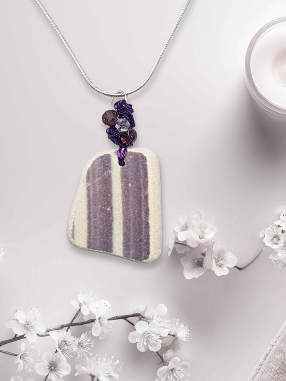 Sea pottery necklace. Purple design with coordinating beads.