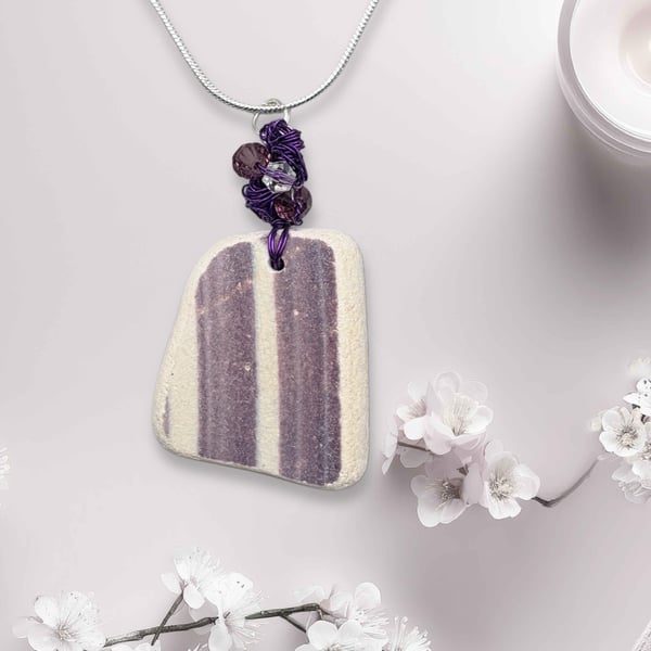 Sea pottery necklace. Purple design with coordinating beads.