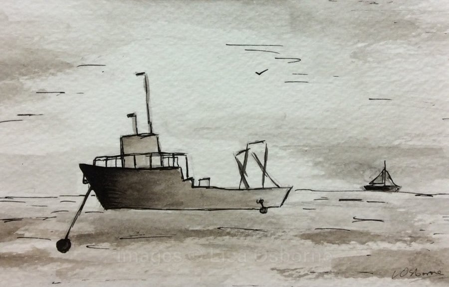 Waiting for the tide- original watercolour, pen and ink painting of fishing boat