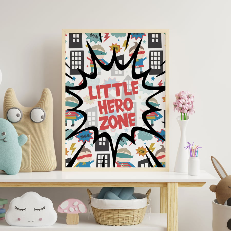 Little hero zone superhero print for nursery child's bedroom (Size A5 A4 A3)