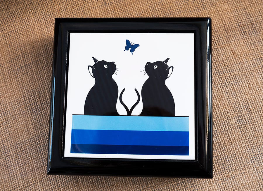 Graphic Cats and Blue Butterfly Jewellery or Keepsake Box - Gift for Cat Lover 