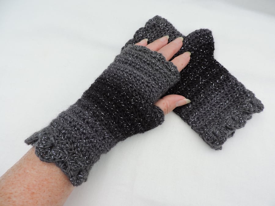 Fingerless Mitts Dragon Scale Cuffs  Charcoal Black  Silver