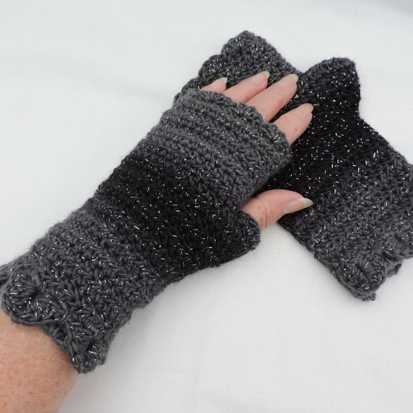 Fingerless Mitts Dragon Scale Cuffs  Charcoal Black  Silver