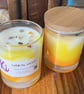 Sandalwood soy wax candle in a glass jar & decorated with real crystals