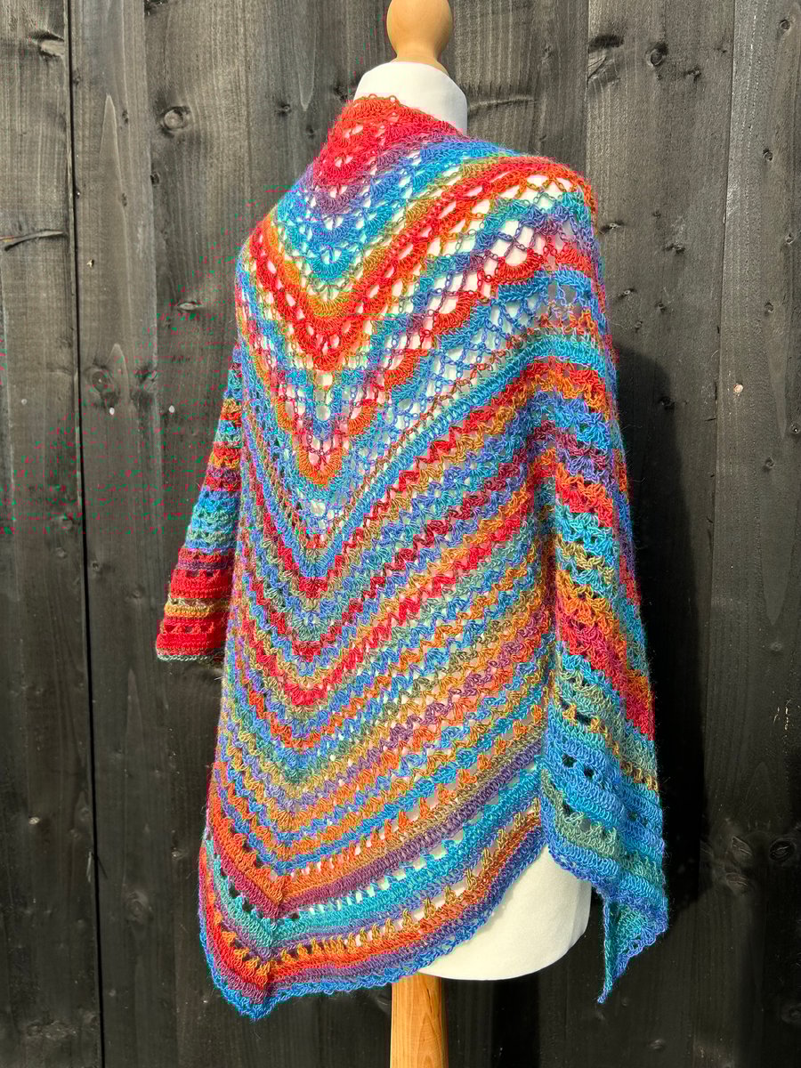 Bold colourful lace triangle shawl scarf in wool rich sock yarn