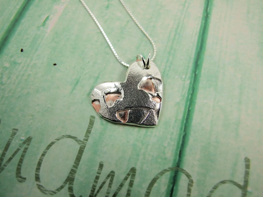 Pendant, Silver Heart, Copper & Silver Rustic Lattice Heart Necklace
