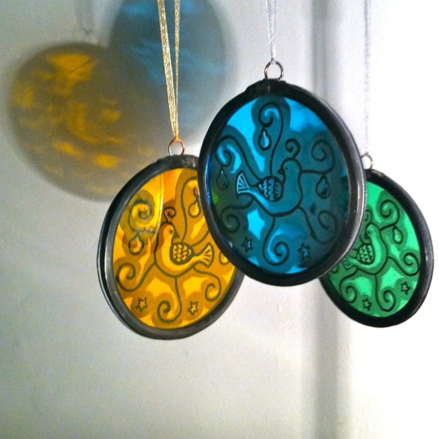 Glass Christmas Decoration - Partridge in a Pear Tree painted glass roundel