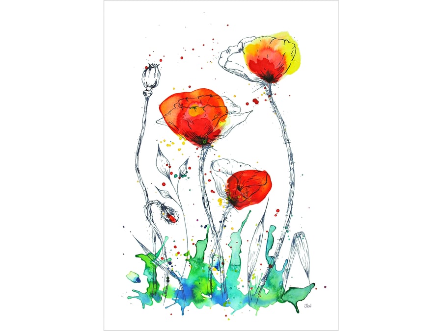 Red Poppy Field watercolour print featuring abstract meadow flowers