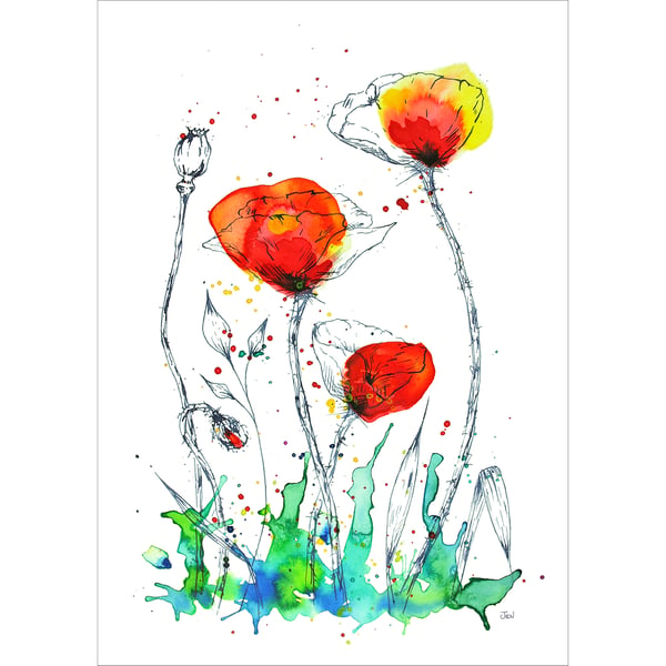 Red Poppy Field watercolour print featuring abstract meadow flowers