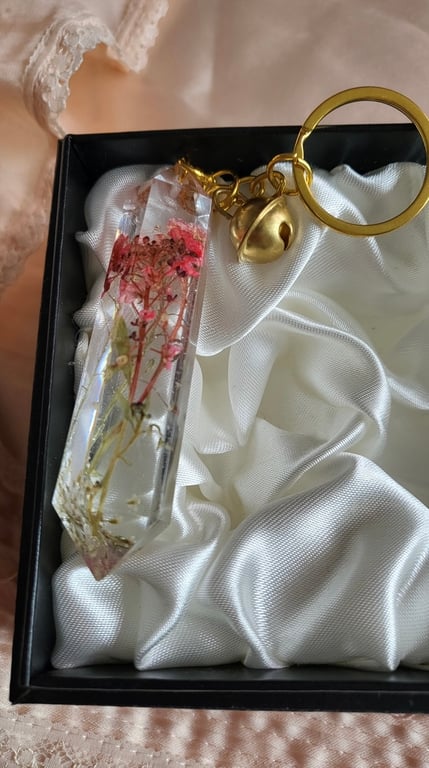 Pink Flowers Encased In Resin Keychain