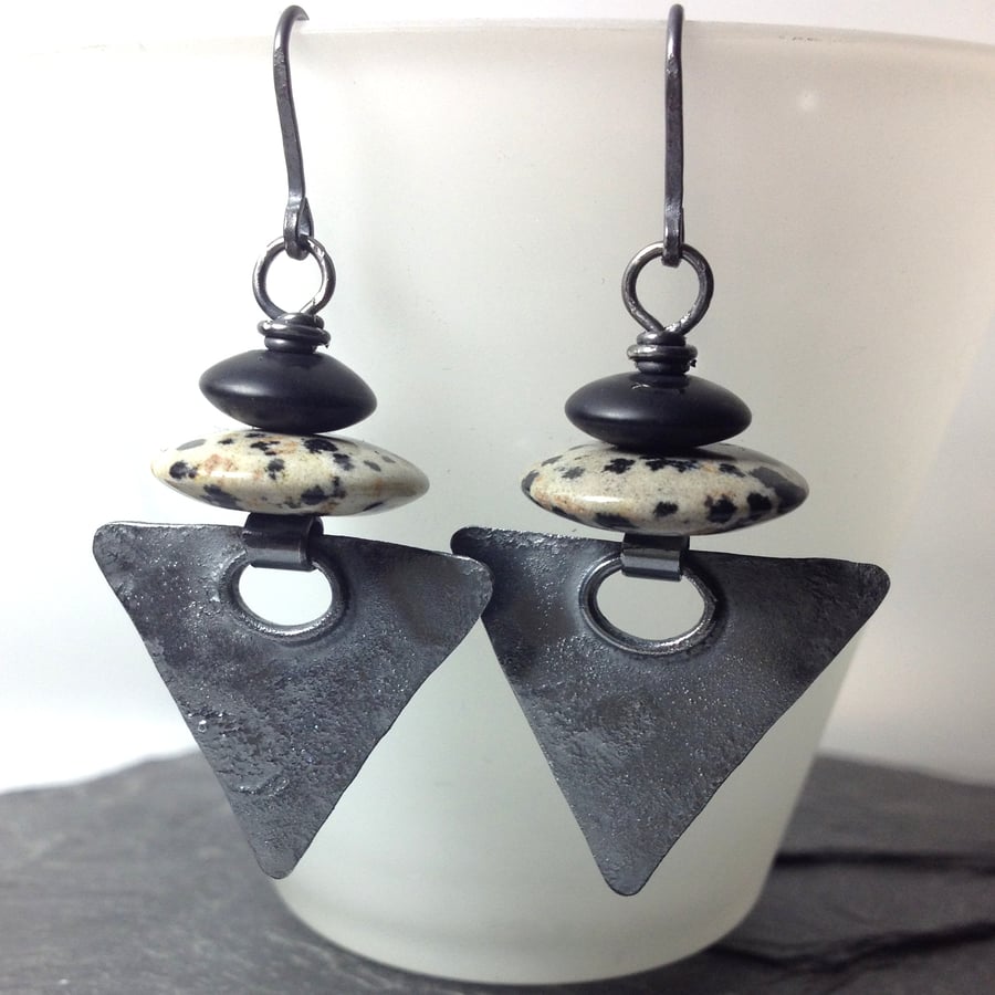 Oxidised silver dalmation jasper and black agate triangular earrings