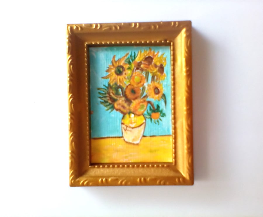 Dolls House Original Miniature Painting Picture Frame Sunflowers