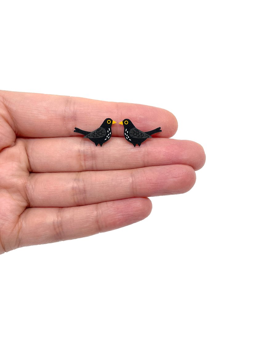 Blackbird Stud Earrings - Handpainted - Bird Earrings
